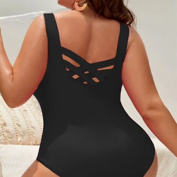NEW! Plus Size Solid Criss Cross Back One Piece Swimsuit Beach Resort Cruise - Picture 3 of 4